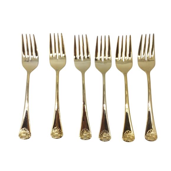 Shell Stainless Japan Gold Tone Salad Forks Set of 6 - Picture 1 of 15